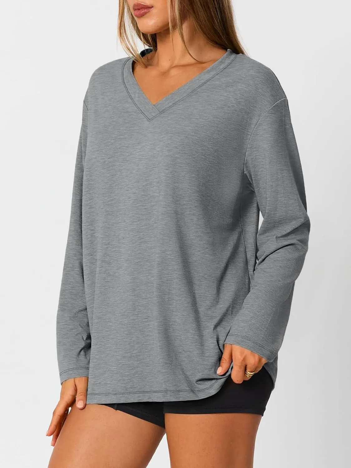 Trendy Queen Oversized Tshirts for Women Workout Plus Size Gym Tops V Neck Long Sleeve T Shirts Spring Casual Basic Tees