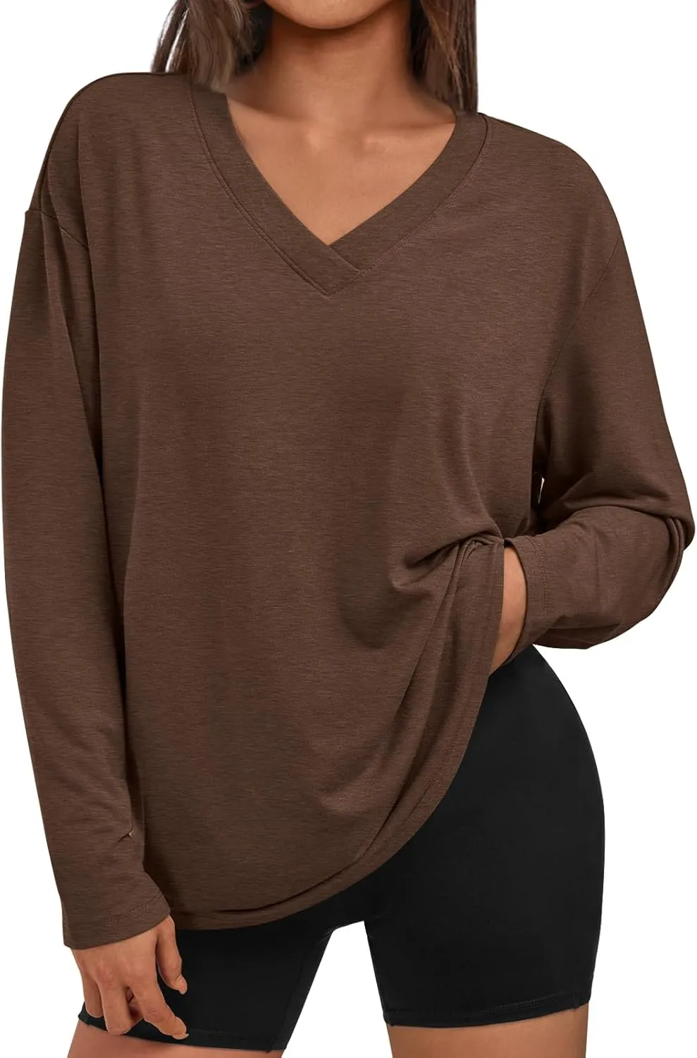 Trendy Queen Oversized Tshirts for Women Workout Plus Size Gym Tops V Neck Long Sleeve T Shirts Spring Casual Basic Tees