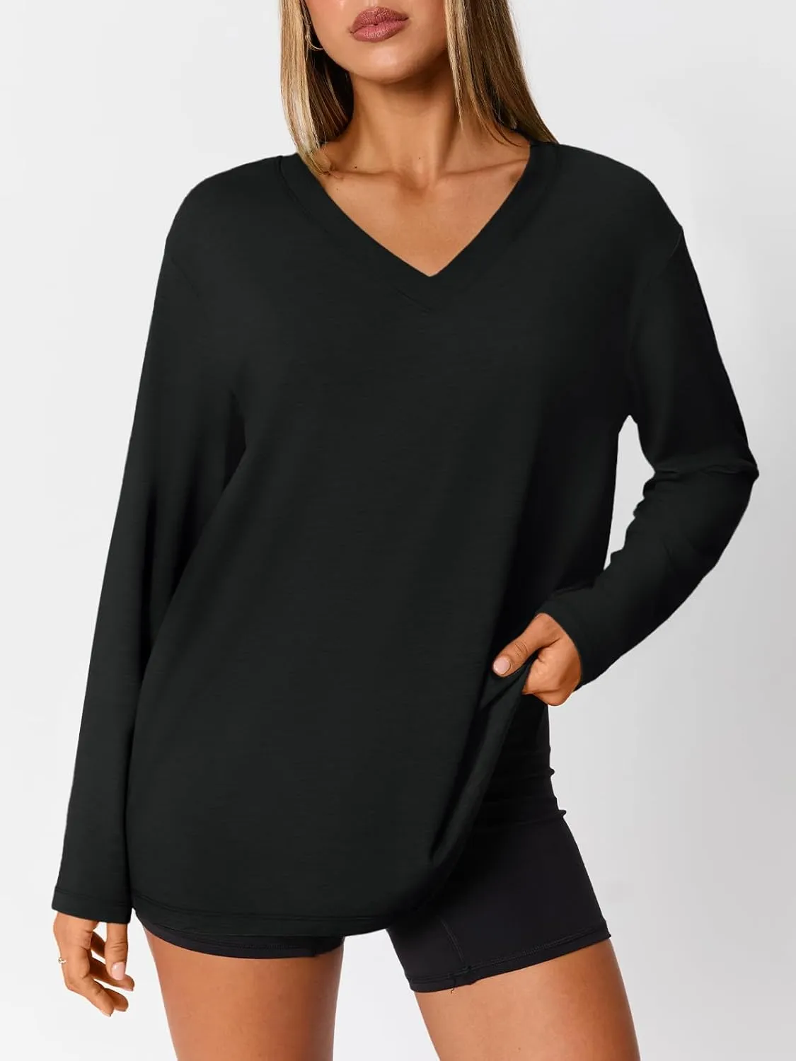 Trendy Queen Oversized Tshirts for Women Workout Plus Size Gym Tops V Neck Long Sleeve T Shirts Spring Casual Basic Tees