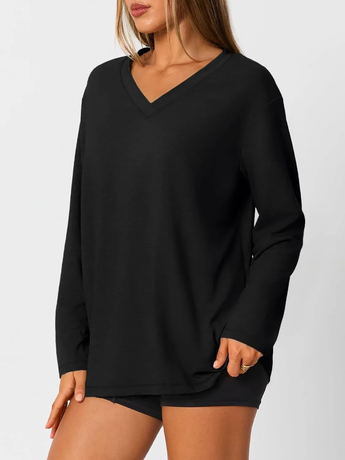 Trendy Queen Oversized Tshirts for Women Workout Plus Size Gym Tops V Neck Long Sleeve T Shirts Spring Casual Basic Tees