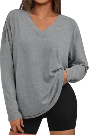 Trendy Queen Oversized Tshirts for Women Workout Plus Size Gym Tops V Neck Long Sleeve T Shirts Spring Casual Basic Tees