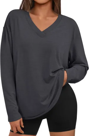 Trendy Queen Oversized Tshirts for Women Workout Plus Size Gym Tops V Neck Long Sleeve T Shirts Spring Casual Basic Tees
