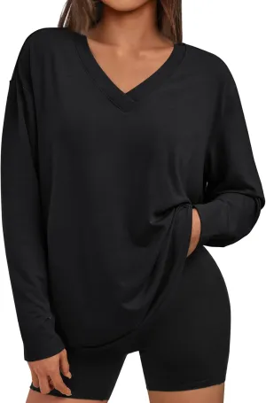 Trendy Queen Oversized Tshirts for Women Workout Plus Size Gym Tops V Neck Long Sleeve T Shirts Spring Casual Basic Tees