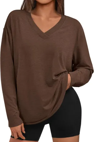 Trendy Queen Oversized Tshirts for Women Workout Plus Size Gym Tops V Neck Long Sleeve T Shirts Spring Casual Basic Tees