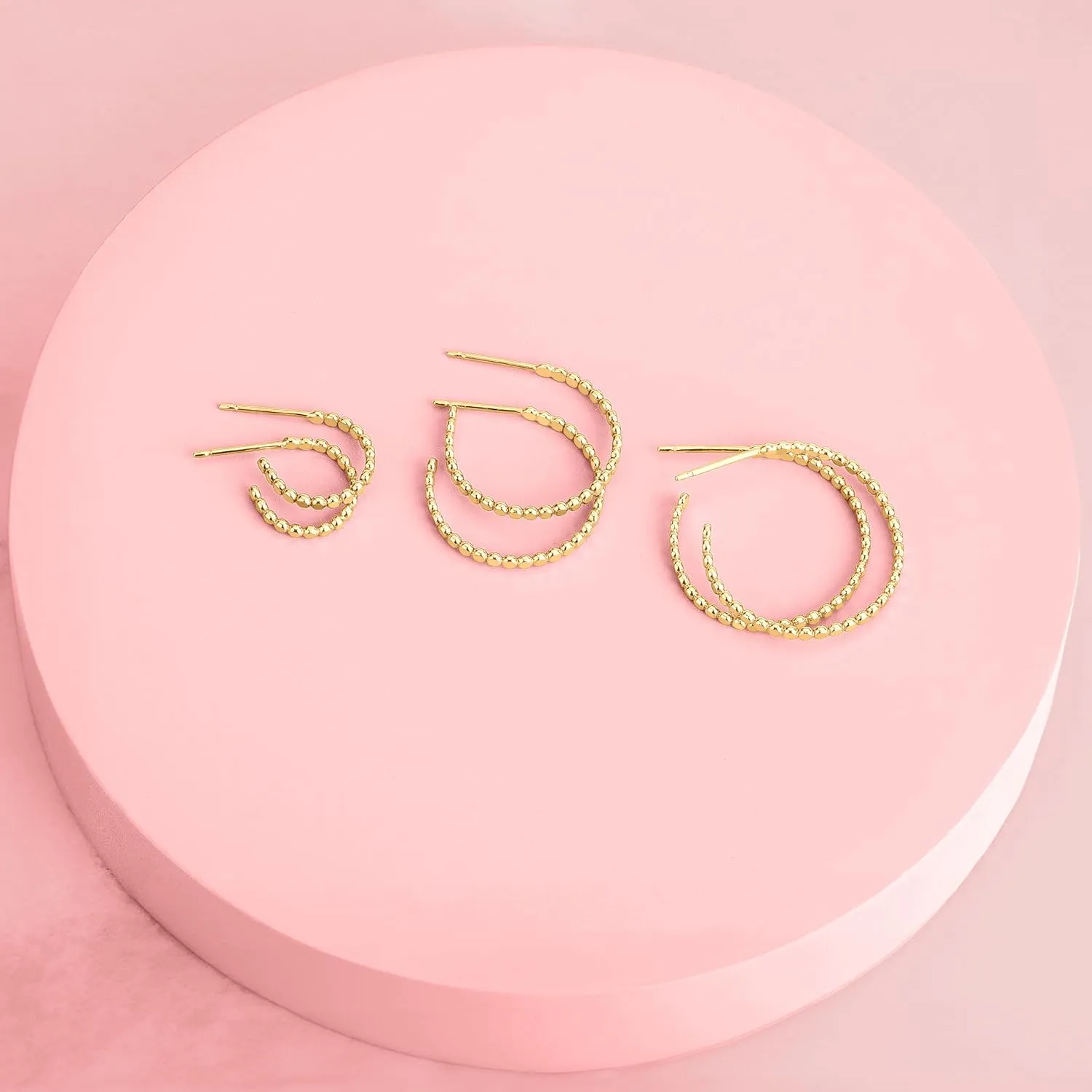 Trio of Glimmer Hoop Earrings | Gold, Rose Gold, Silver | Set of 3 Pairs | Dotted Beaded Huggie Hoops | Minimalist Everyday Earrings (14K Gold Fill)
