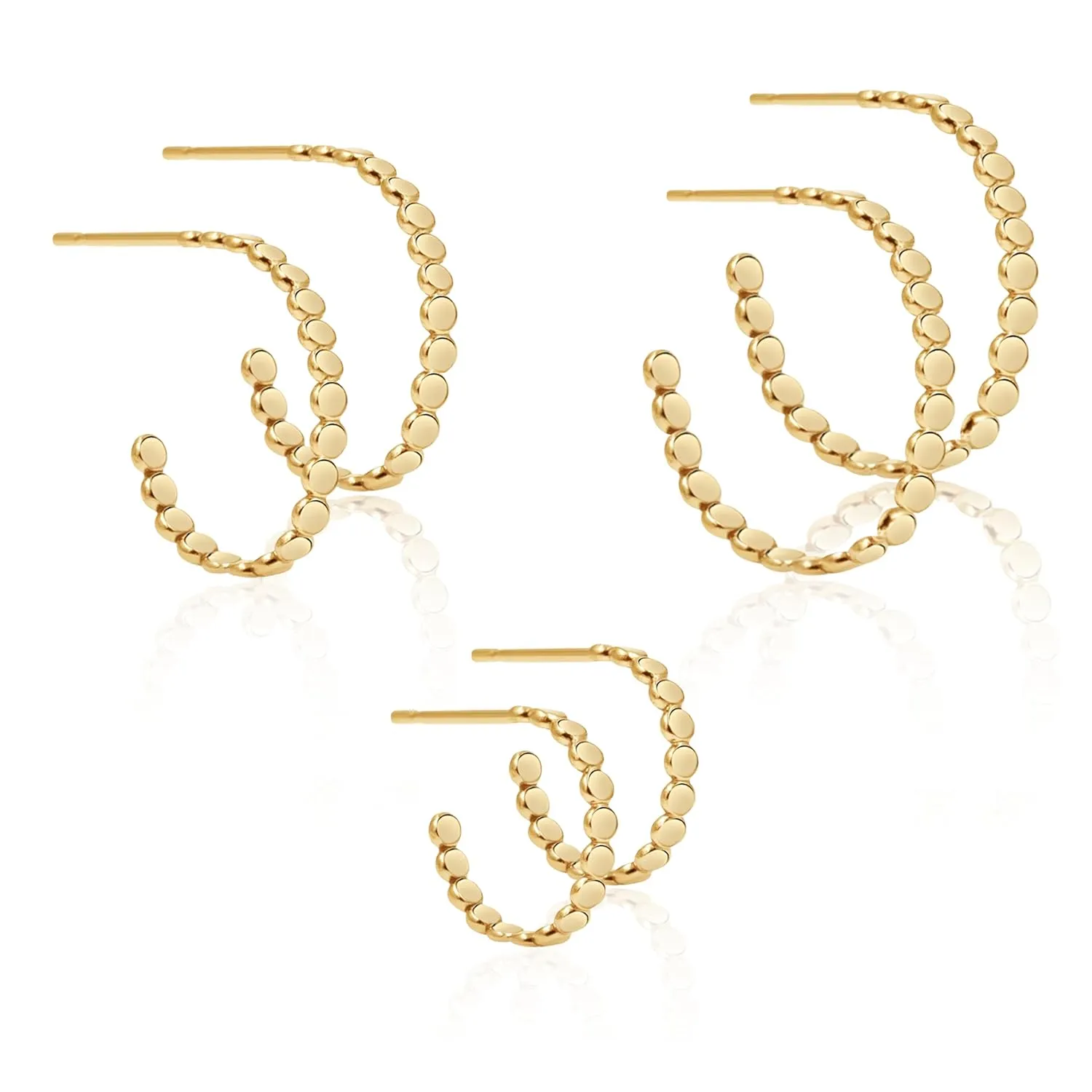 Trio of Glimmer Hoop Earrings | Gold, Rose Gold, Silver | Set of 3 Pairs | Dotted Beaded Huggie Hoops | Minimalist Everyday Earrings (14K Gold Fill)