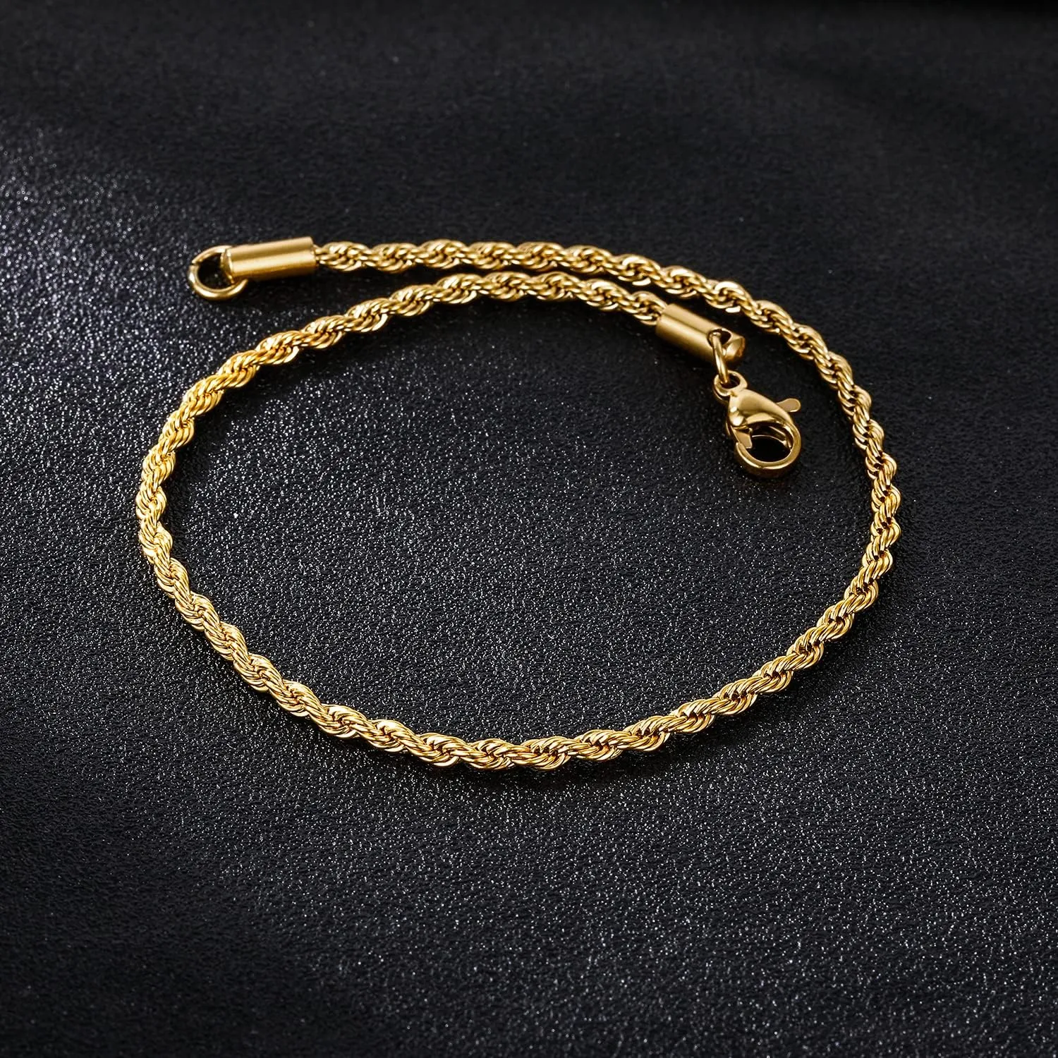 TRUMIUM 18k Gold Plated Link Chain Bracelets for Men Women 3mm Diamond-Cut Braided Mens Gold Rope Chain Length 7/8/9 inches
