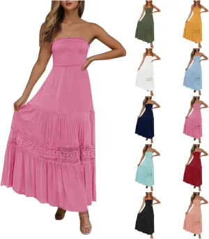 Tube Dresses For Women Maxi 2025 Summer Bohemian Strapless Sundress Off Shoulder Lace Trim Flowy A Line Beach Dress