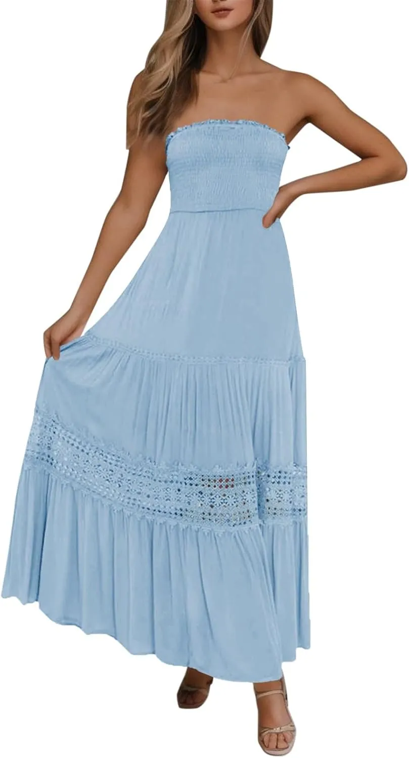 Tube Dresses For Women Maxi 2025 Summer Bohemian Strapless Sundress Off Shoulder Lace Trim Flowy A Line Beach Dress