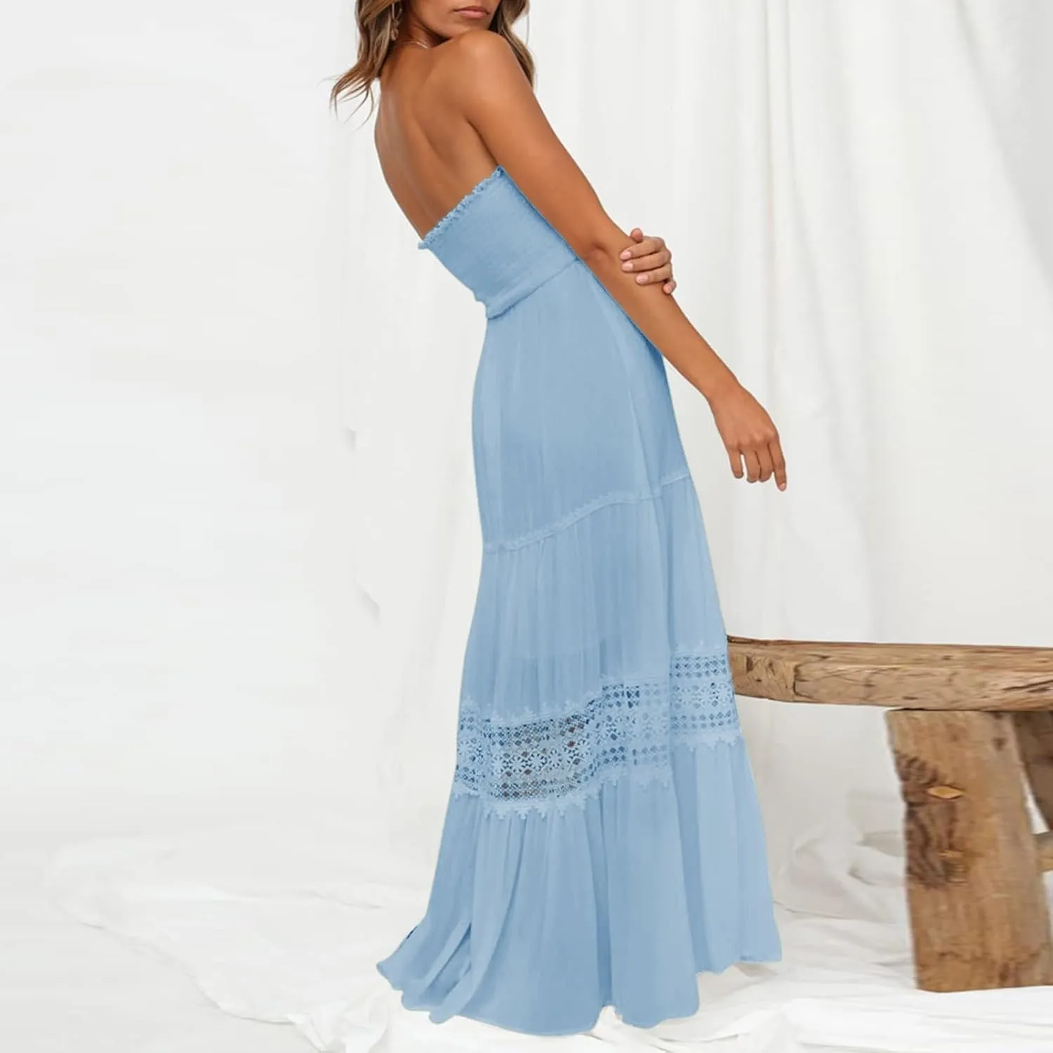 Tube Dresses For Women Maxi 2025 Summer Bohemian Strapless Sundress Off Shoulder Lace Trim Flowy A Line Beach Dress