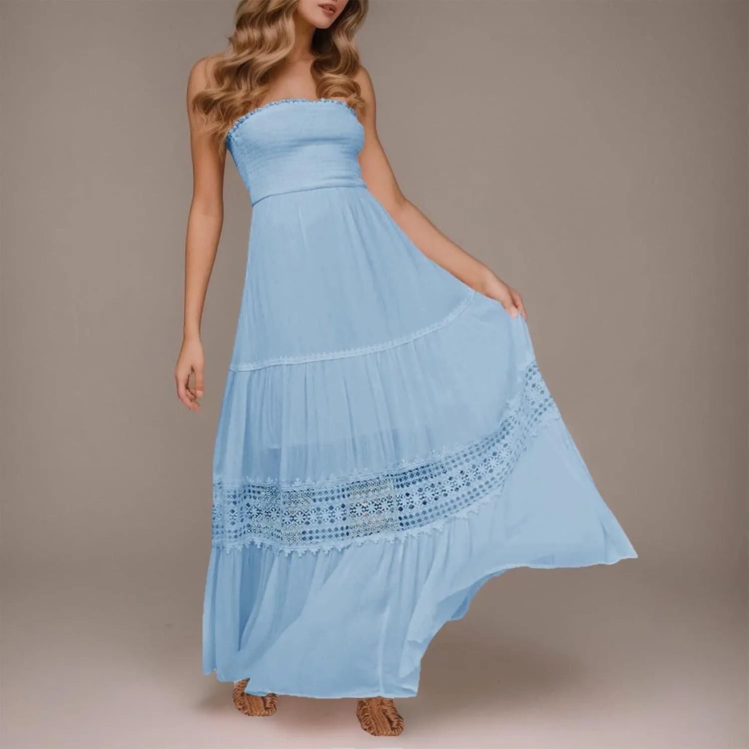 Tube Dresses For Women Maxi 2025 Summer Bohemian Strapless Sundress Off Shoulder Lace Trim Flowy A Line Beach Dress