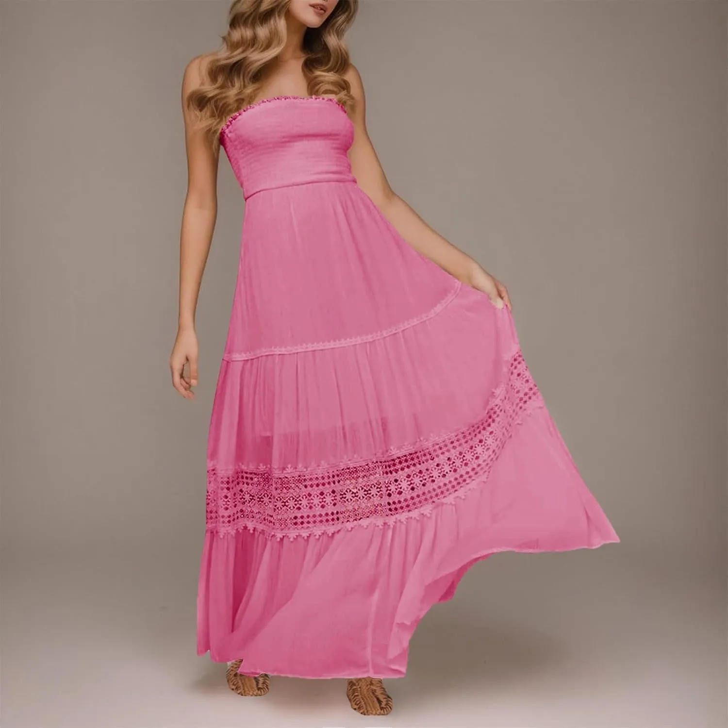 Tube Dresses For Women Maxi 2025 Summer Bohemian Strapless Sundress Off Shoulder Lace Trim Flowy A Line Beach Dress
