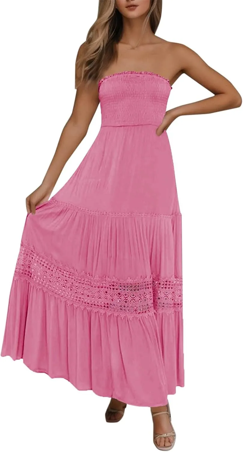 Tube Dresses For Women Maxi 2025 Summer Bohemian Strapless Sundress Off Shoulder Lace Trim Flowy A Line Beach Dress