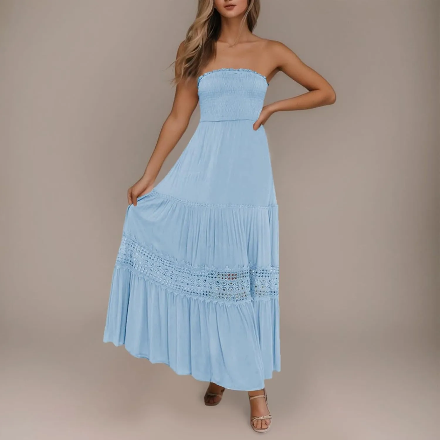 Tube Dresses For Women Maxi 2025 Summer Bohemian Strapless Sundress Off Shoulder Lace Trim Flowy A Line Beach Dress