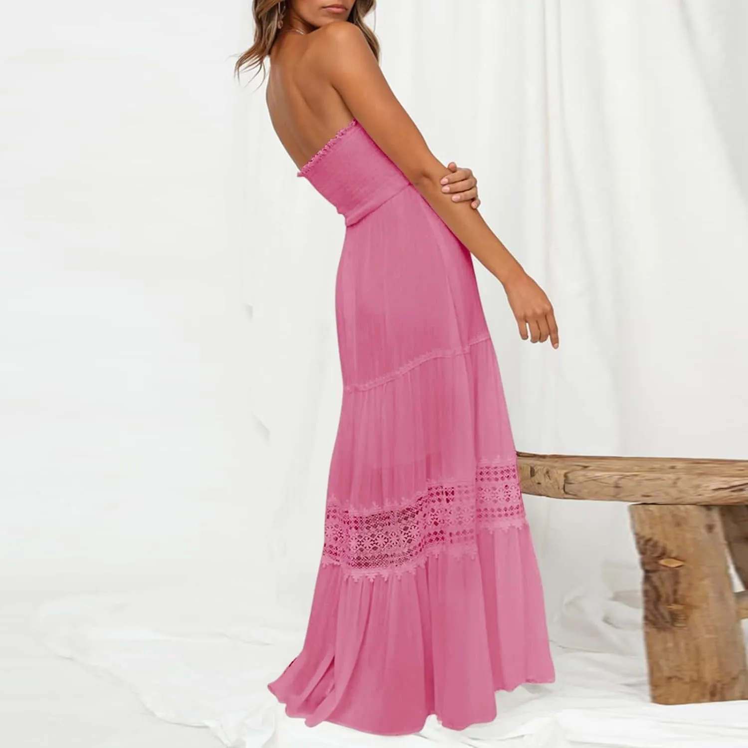 Tube Dresses For Women Maxi 2025 Summer Bohemian Strapless Sundress Off Shoulder Lace Trim Flowy A Line Beach Dress