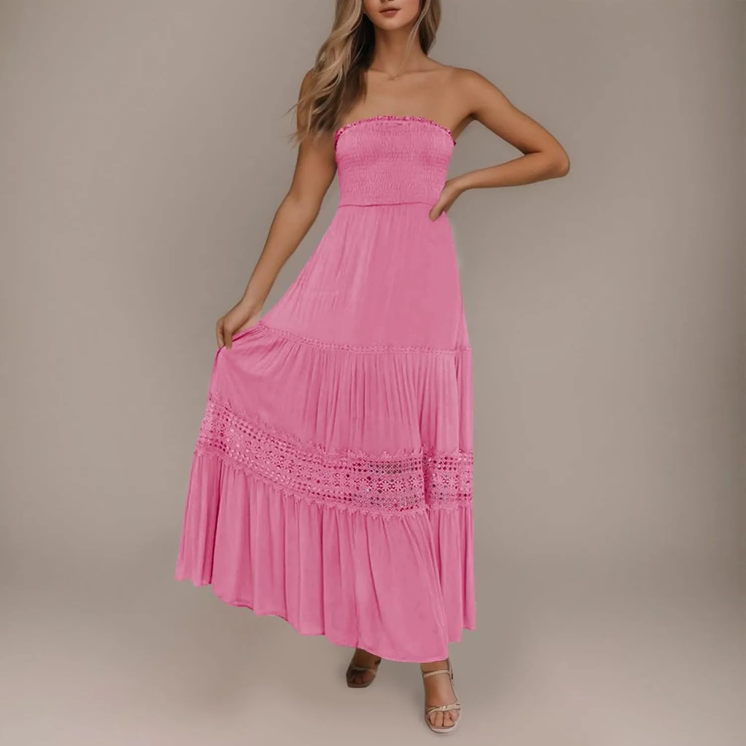 Tube Dresses For Women Maxi 2025 Summer Bohemian Strapless Sundress Off Shoulder Lace Trim Flowy A Line Beach Dress