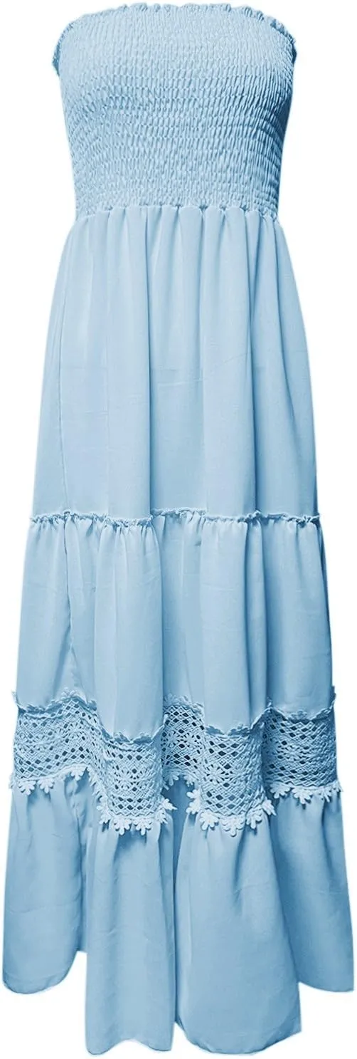 Tube Dresses For Women Maxi 2025 Summer Bohemian Strapless Sundress Off Shoulder Lace Trim Flowy A Line Beach Dress