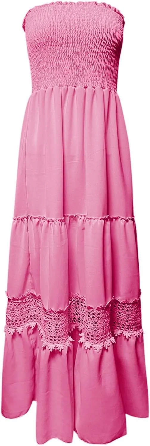 Tube Dresses For Women Maxi 2025 Summer Bohemian Strapless Sundress Off Shoulder Lace Trim Flowy A Line Beach Dress