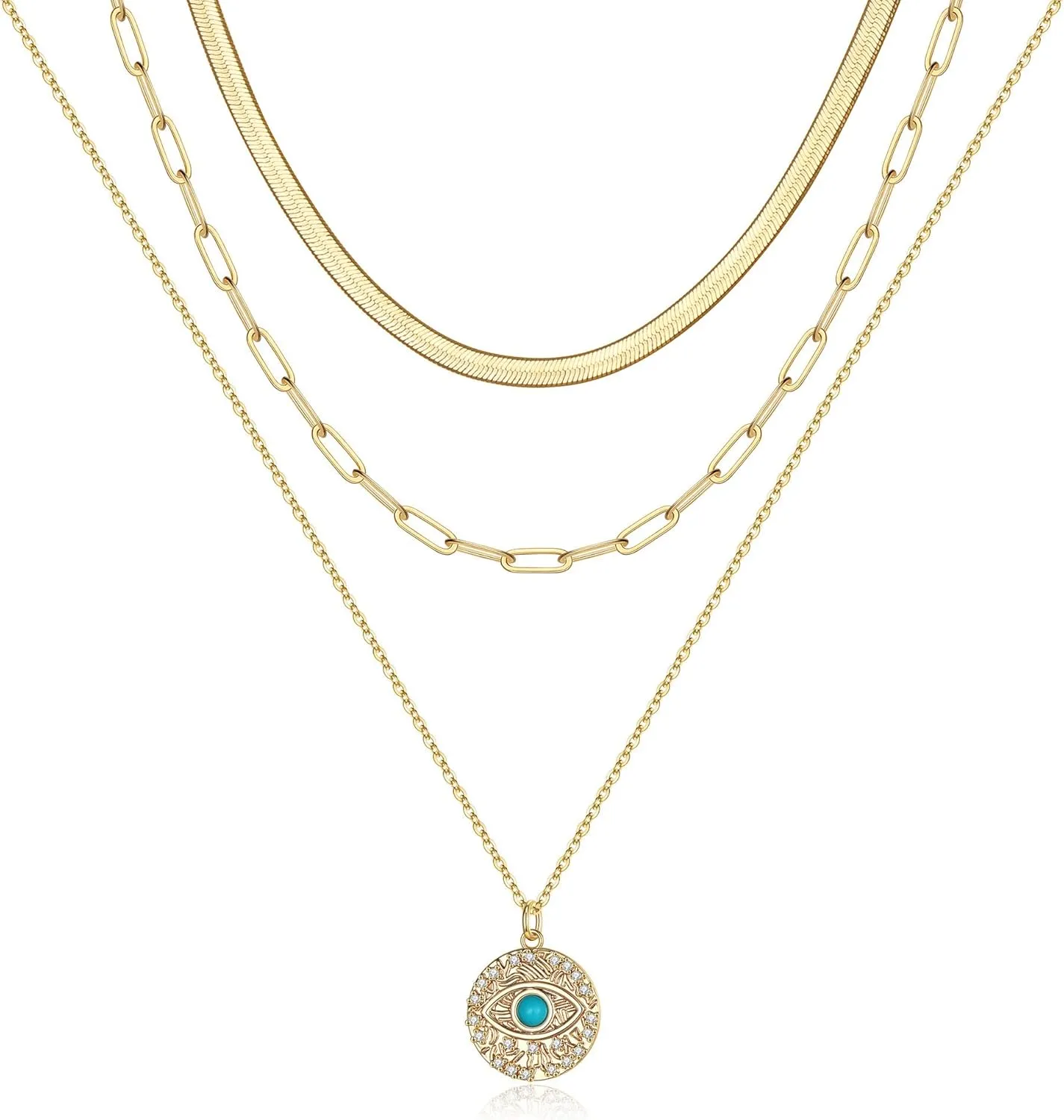 Turandoss Dainty Layered Choker Necklace, Handmade 14K Gold Plated Y Pendant Necklace Multilayer Bar Disc Necklace Adjustable Layering Choker Necklaces for Women