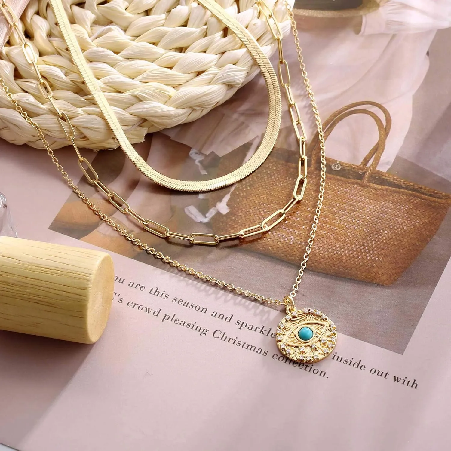 Turandoss Dainty Layered Choker Necklace, Handmade 14K Gold Plated Y Pendant Necklace Multilayer Bar Disc Necklace Adjustable Layering Choker Necklaces for Women