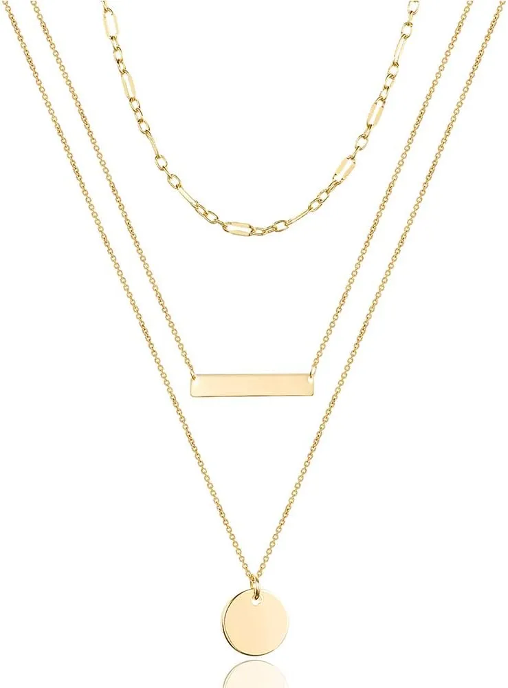 Turandoss Dainty Layered Choker Necklace, Handmade 14K Gold Plated Y Pendant Necklace Multilayer Bar Disc Necklace Adjustable Layering Choker Necklaces for Women