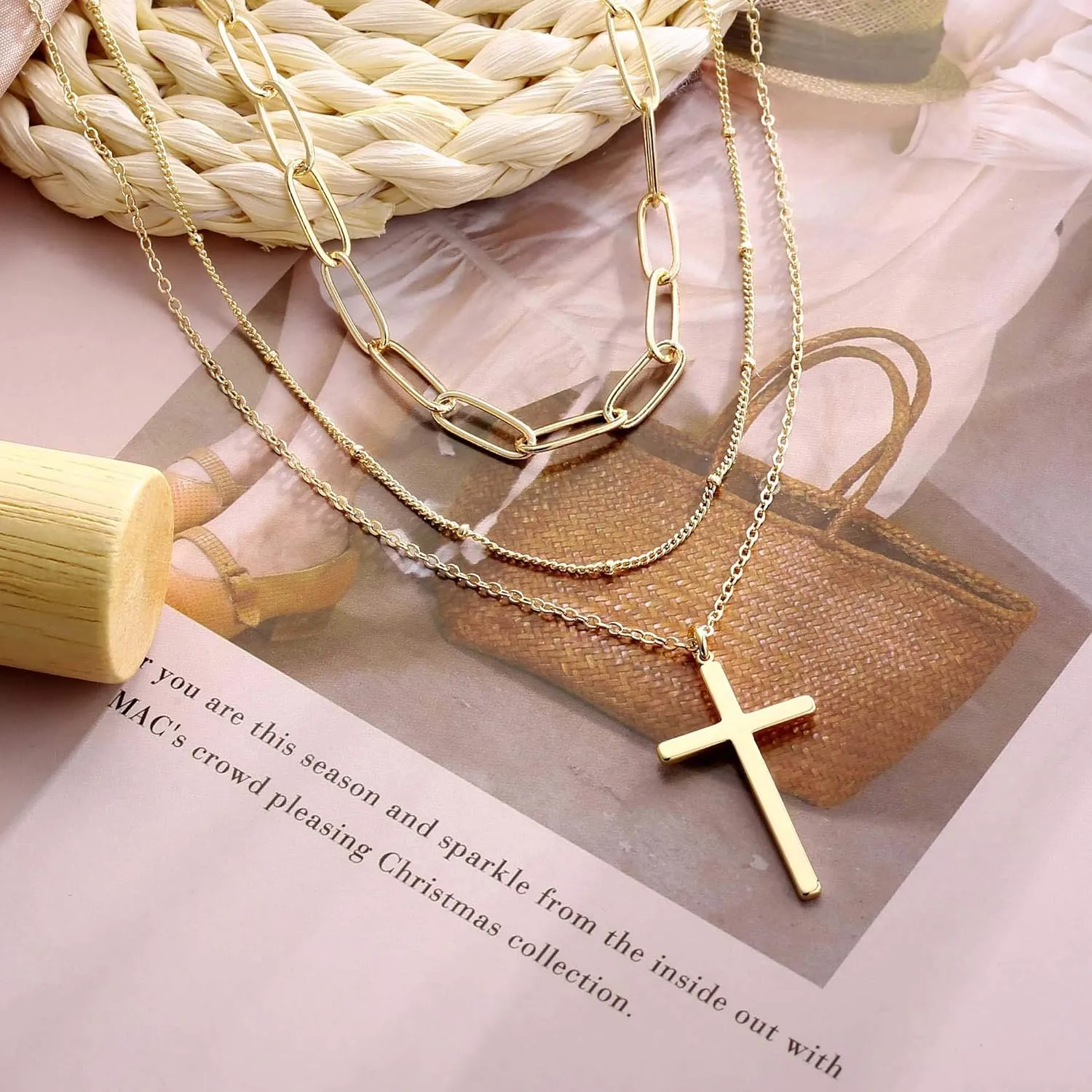 Turandoss Dainty Layered Choker Necklace, Handmade 14K Gold Plated Y Pendant Necklace Multilayer Bar Disc Necklace Adjustable Layering Choker Necklaces for Women
