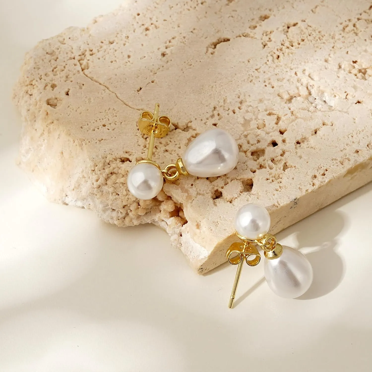 Turandoss Gold Pearl Earrings for Women Trendy - 14K Gold Plated Hypoallergenic Pearl Stud Earrings Set Huggie Drop Dangle Earring Jewelry for Women Wedding