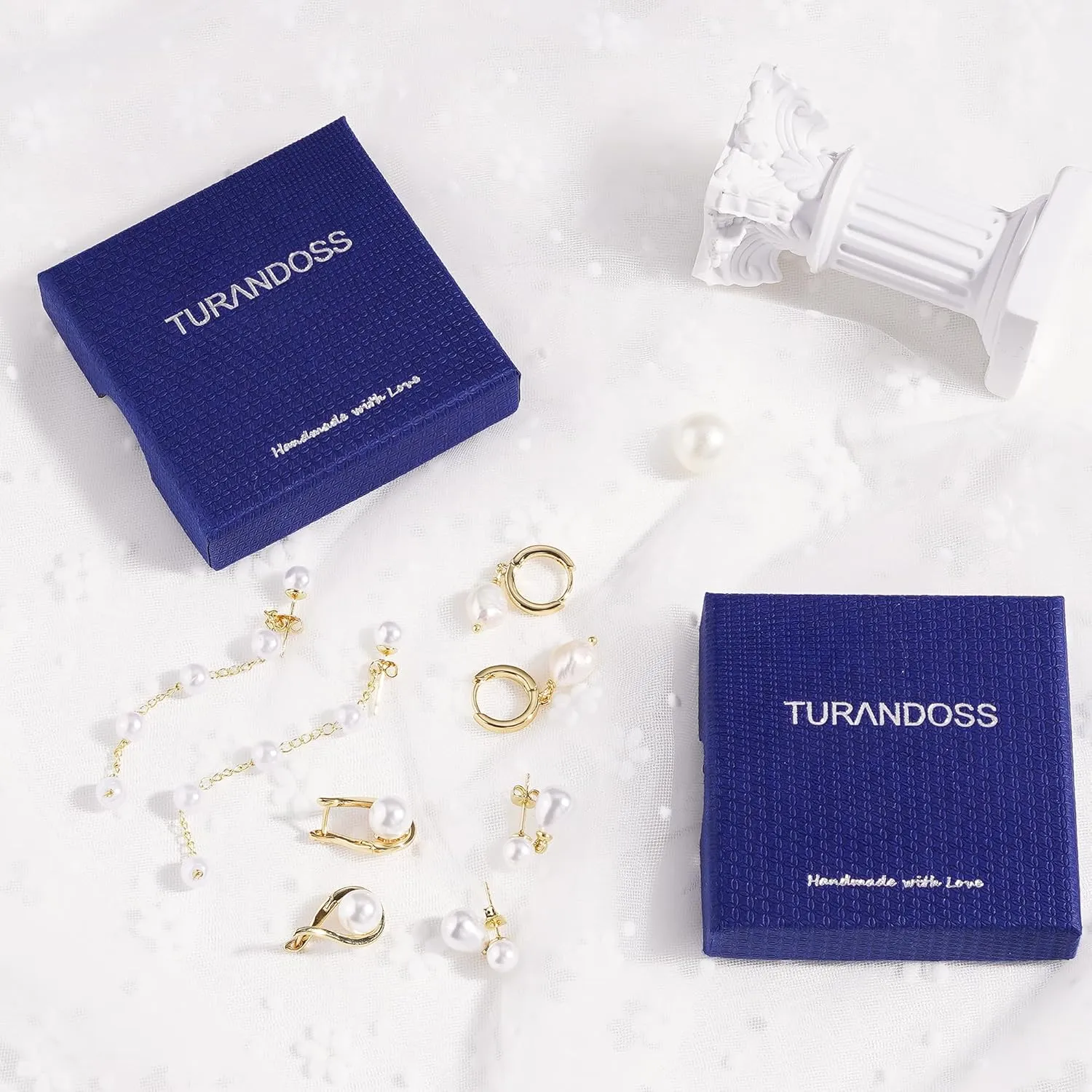 Turandoss Gold Pearl Earrings for Women Trendy - 14K Gold Plated Hypoallergenic Pearl Stud Earrings Set Huggie Drop Dangle Earring Jewelry for Women Wedding