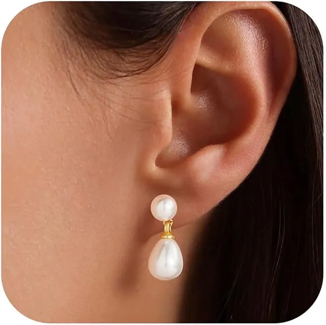 Turandoss Gold Pearl Earrings for Women Trendy - 14K Gold Plated Hypoallergenic Pearl Stud Earrings Set Huggie Drop Dangle Earring Jewelry for Women Wedding