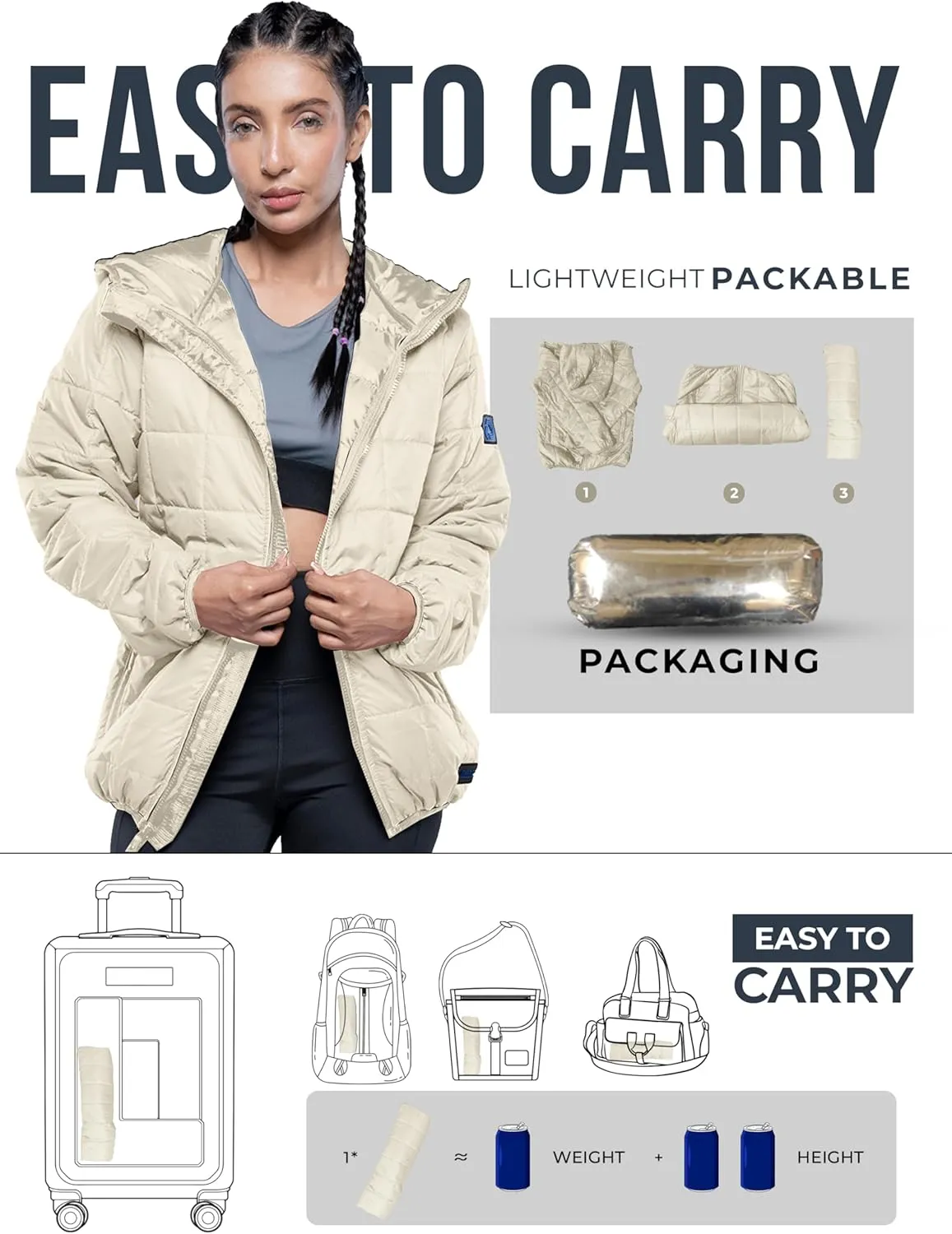 URBAN BUCK Packable Puffer Jacket Women with Hood  32 Degree Lightweight Quilted Winter Puff Foldable Jacket for Women