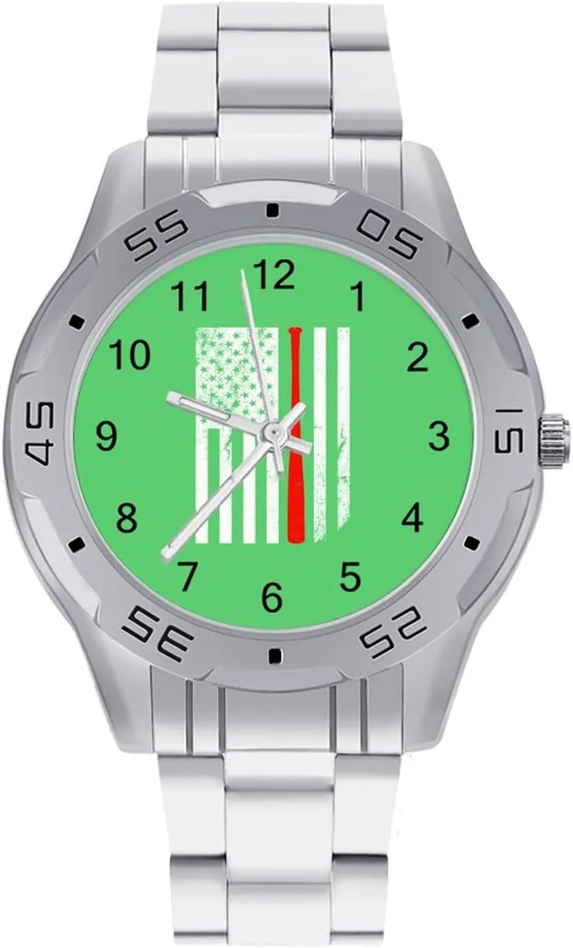 U.S. Vintage Flag Baseball Classic Wrist Watches for Men Casual Business Dress Watch with Stainless Steel Band Work Party