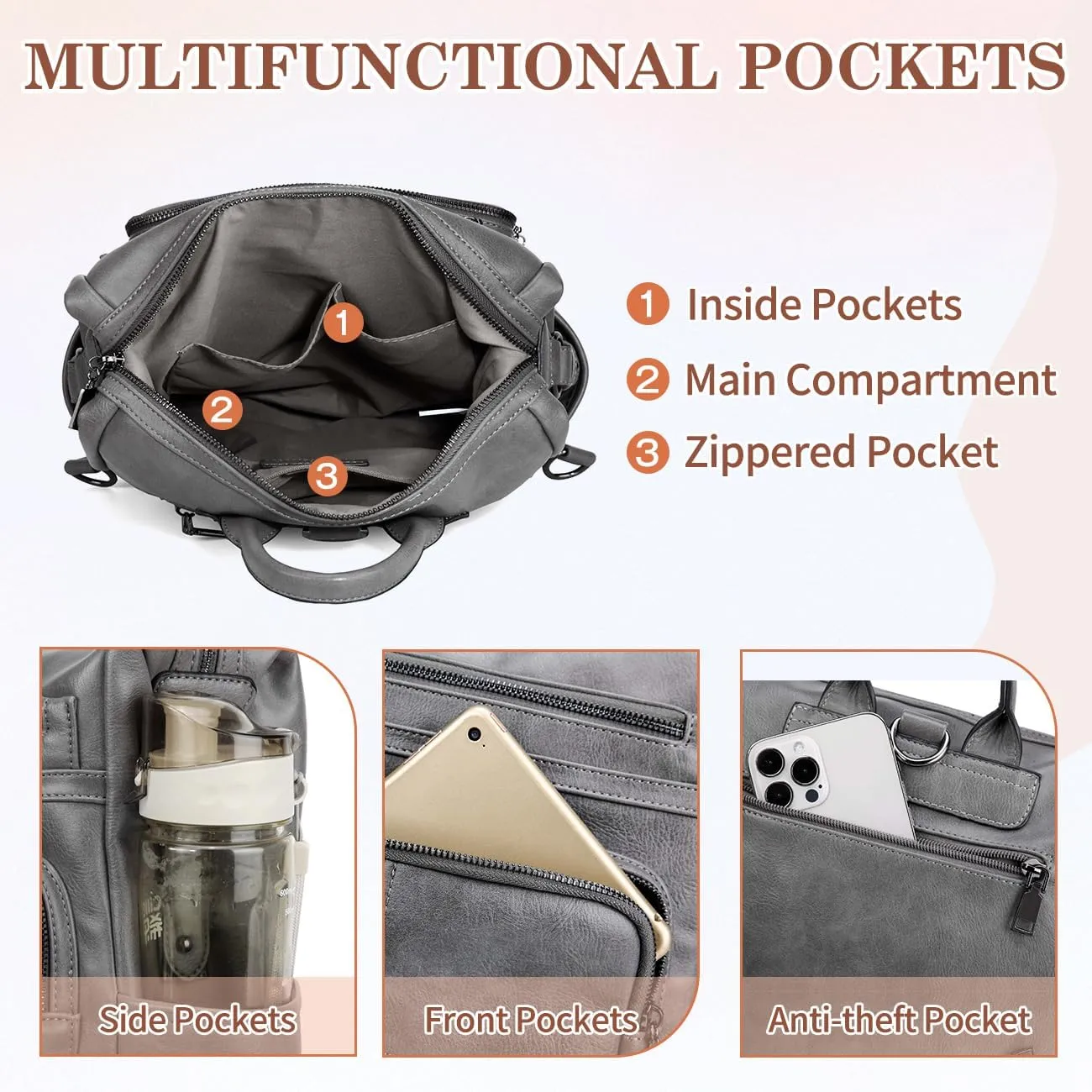 VASCHY Backpack Purse for Women,Fashion Convertible Vegan Leather Shoulder Bags Handbags for Work/Travel/Ladies/College Gray