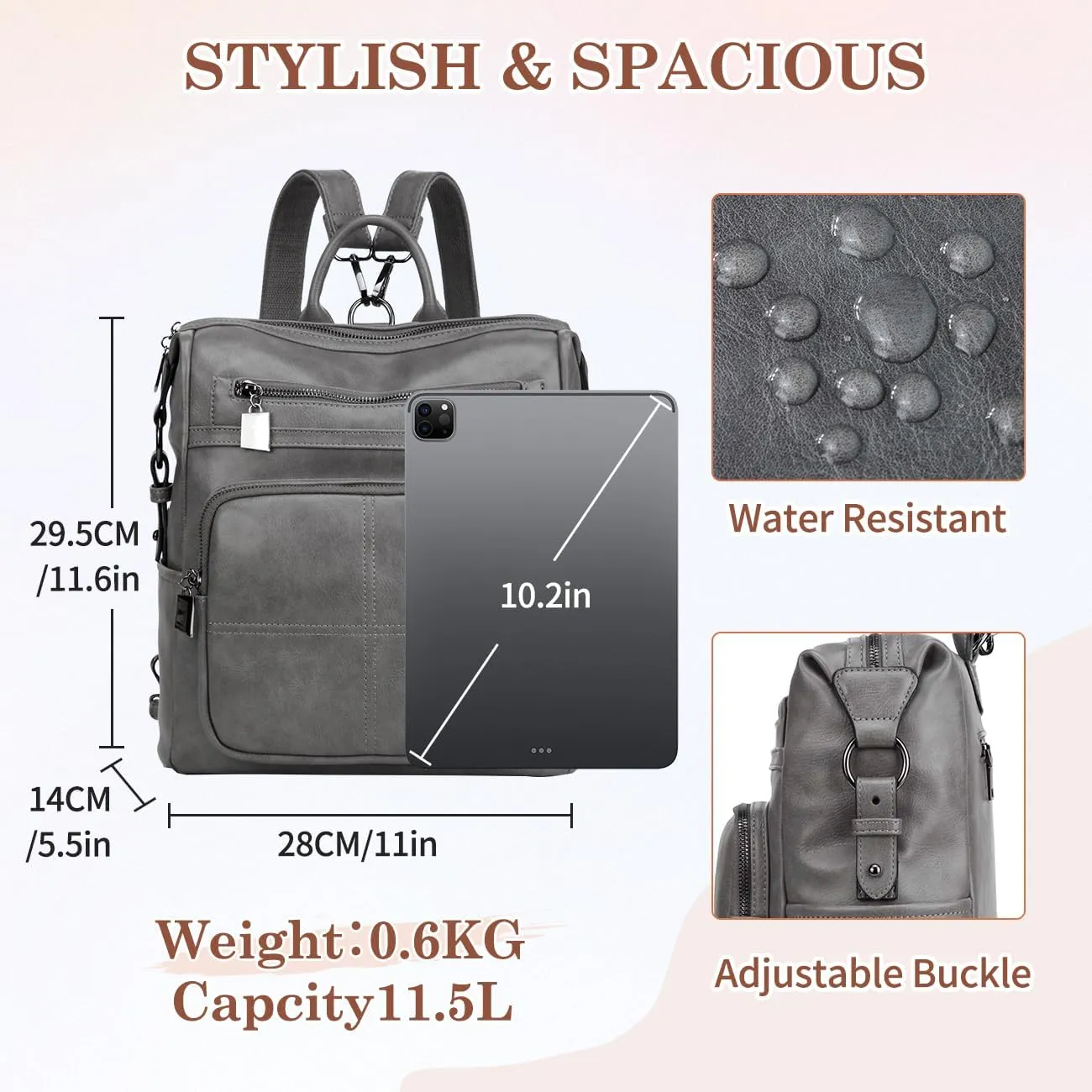 VASCHY Backpack Purse for Women,Fashion Convertible Vegan Leather Shoulder Bags Handbags for Work/Travel/Ladies/College Gray