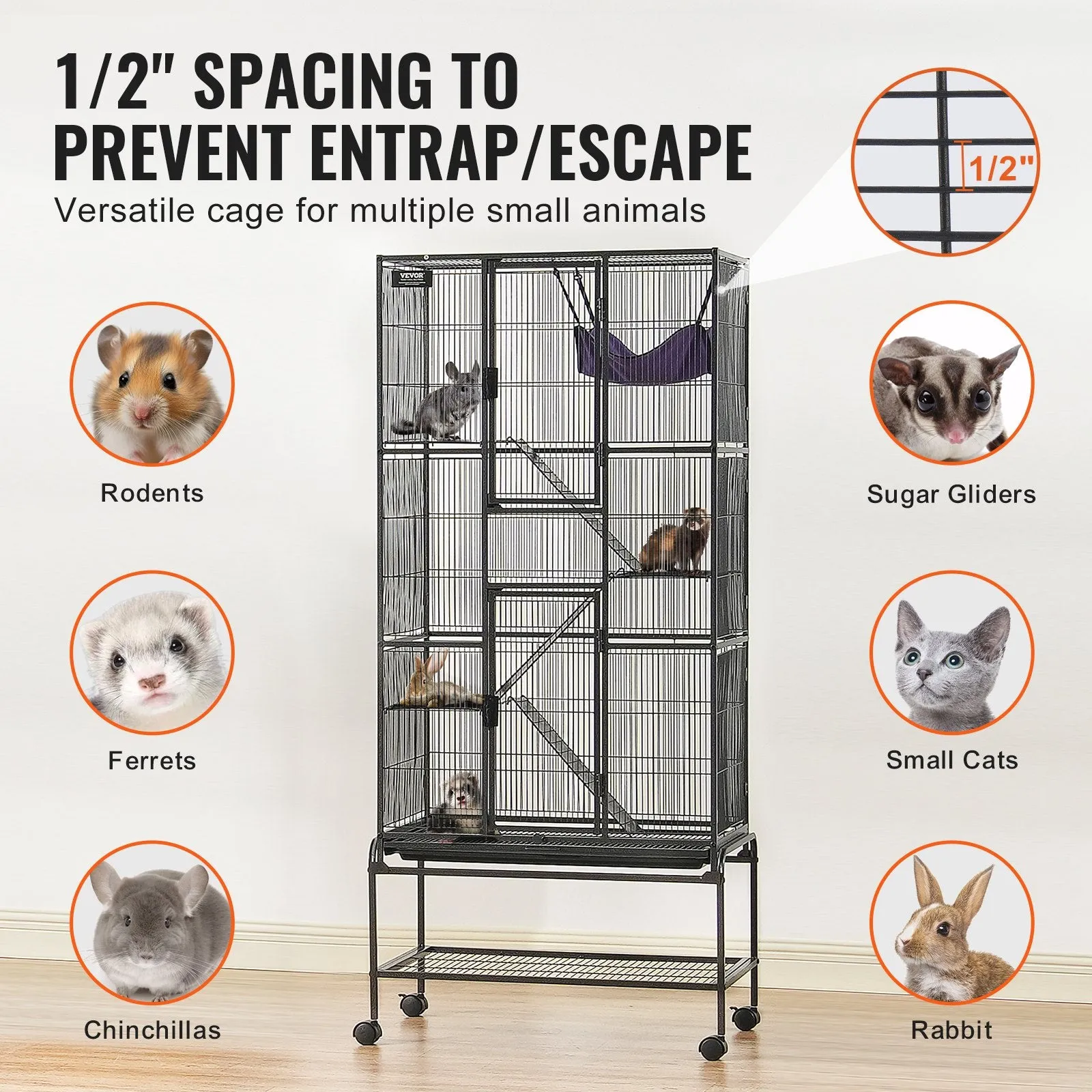 Vevor Metal Small Animal Cage 69" 4-Tier Rolling Cage with 3 Ramps and Tray New
