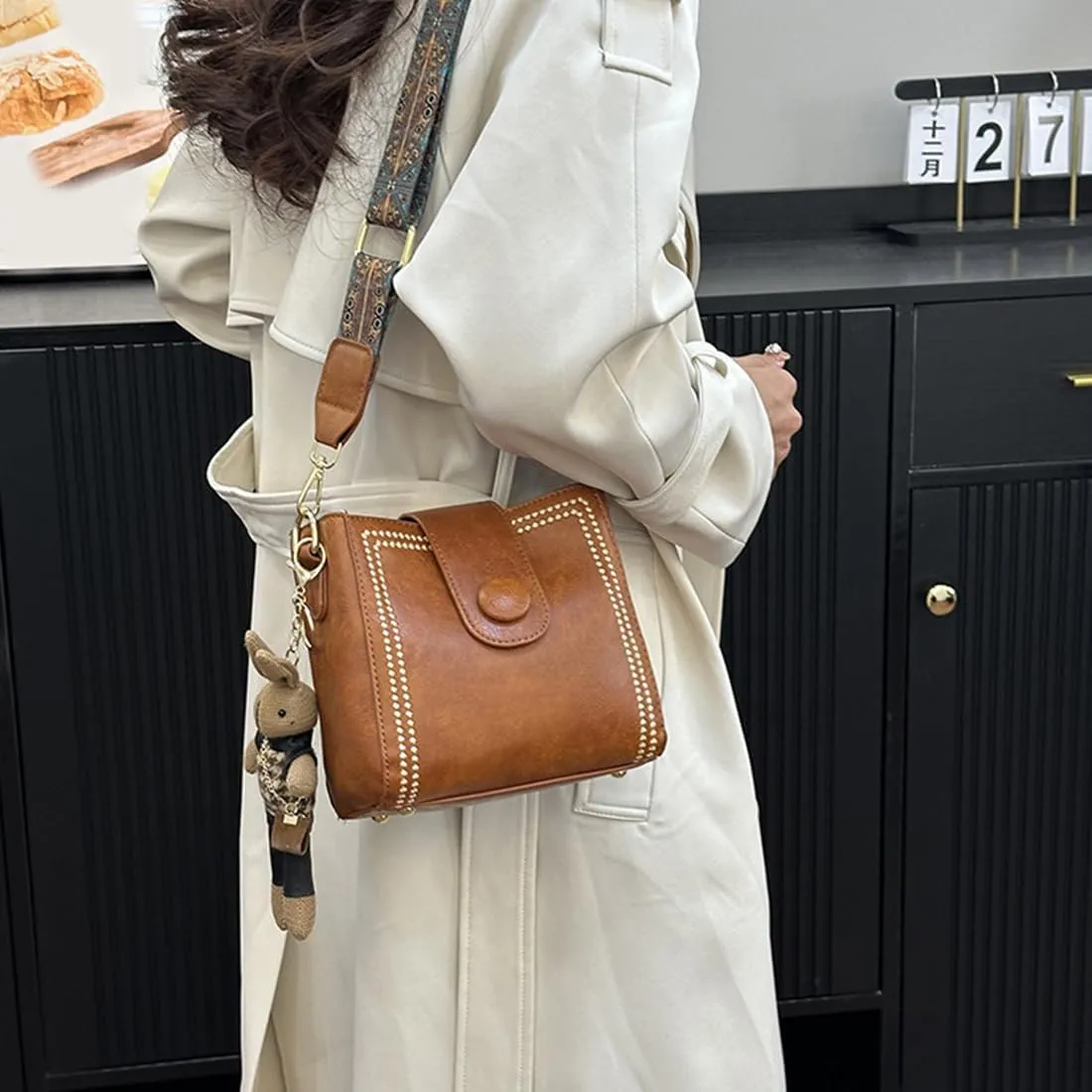 Vintage Fashion Bag with Adjustable Wider Shoulder Strap,Women's Vintage Bucket Bags,Retro Water Bucket Shoulder Bag
