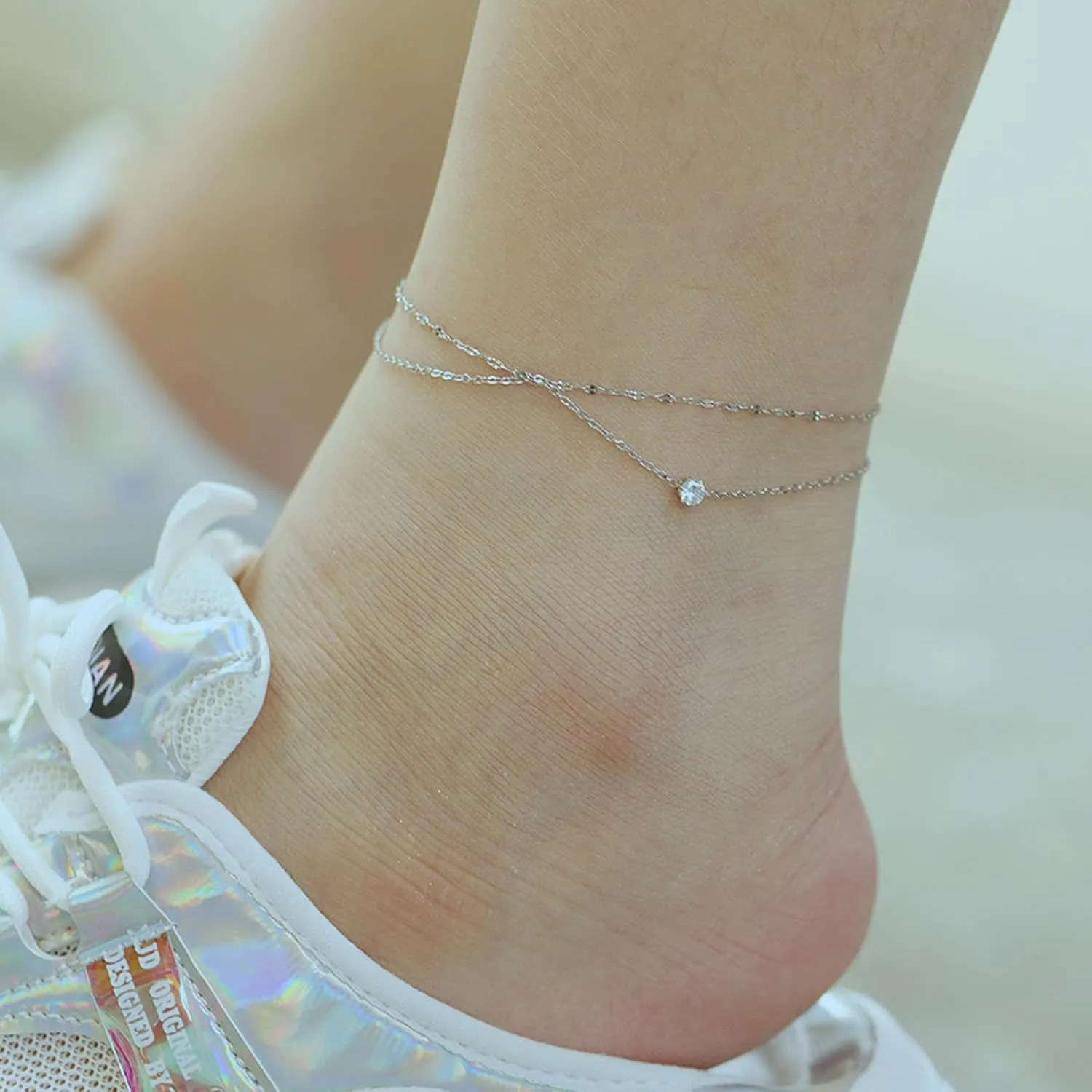VJOSA Fashion Stainless Steel Crystal Charm Double Layer Link Chain Anklet