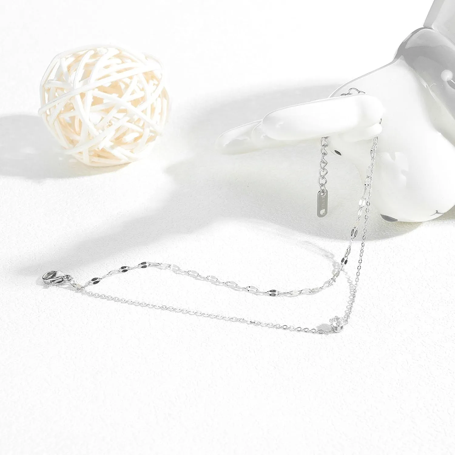 VJOSA Fashion Stainless Steel Crystal Charm Double Layer Link Chain Anklet