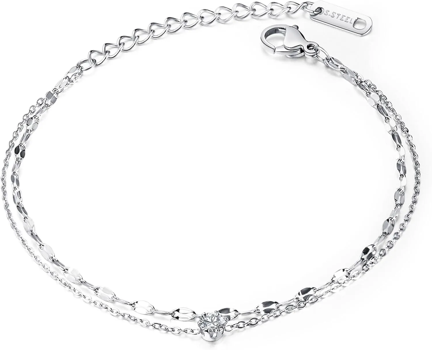 VJOSA Fashion Stainless Steel Crystal Charm Double Layer Link Chain Anklet