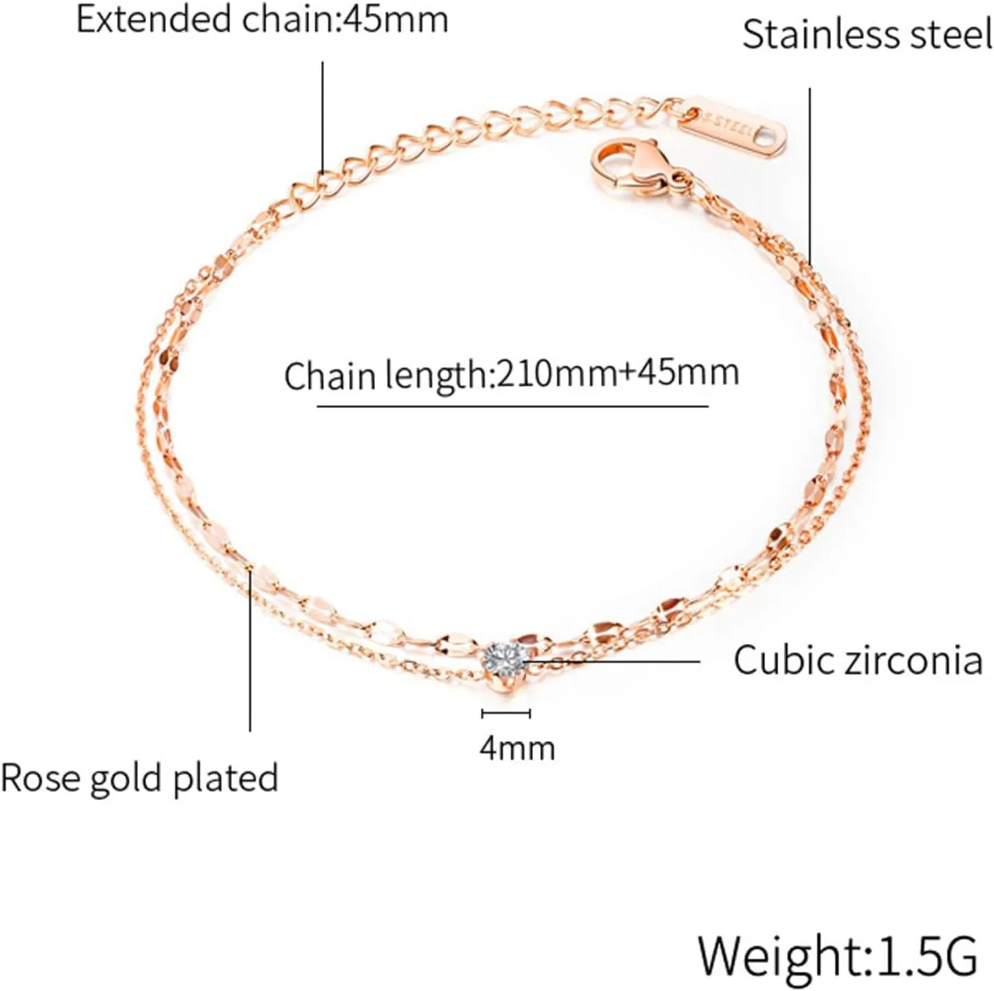 VJOSA Fashion Stainless Steel Crystal Charm Double Layer Link Chain Anklet