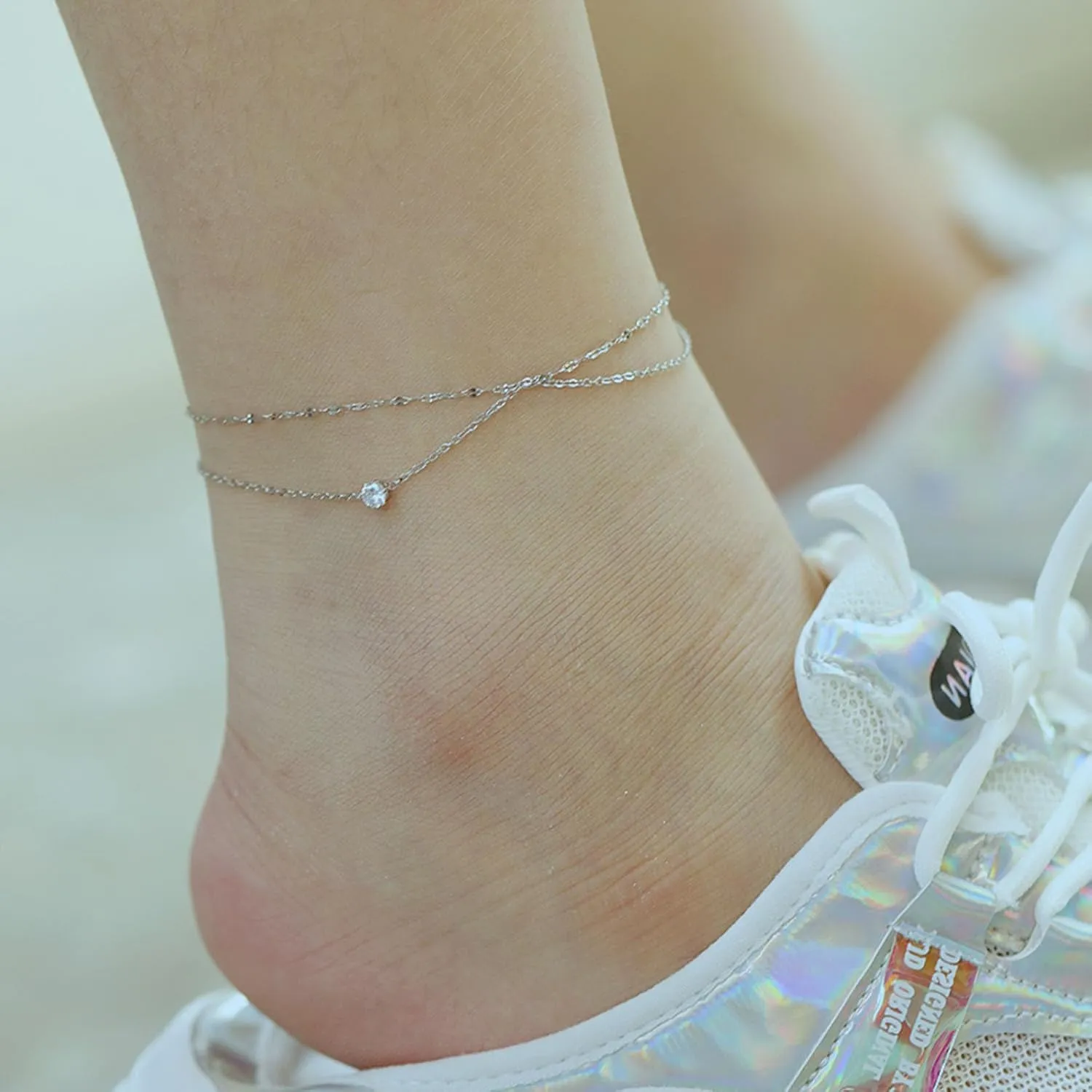 VJOSA Fashion Stainless Steel Crystal Charm Double Layer Link Chain Anklet