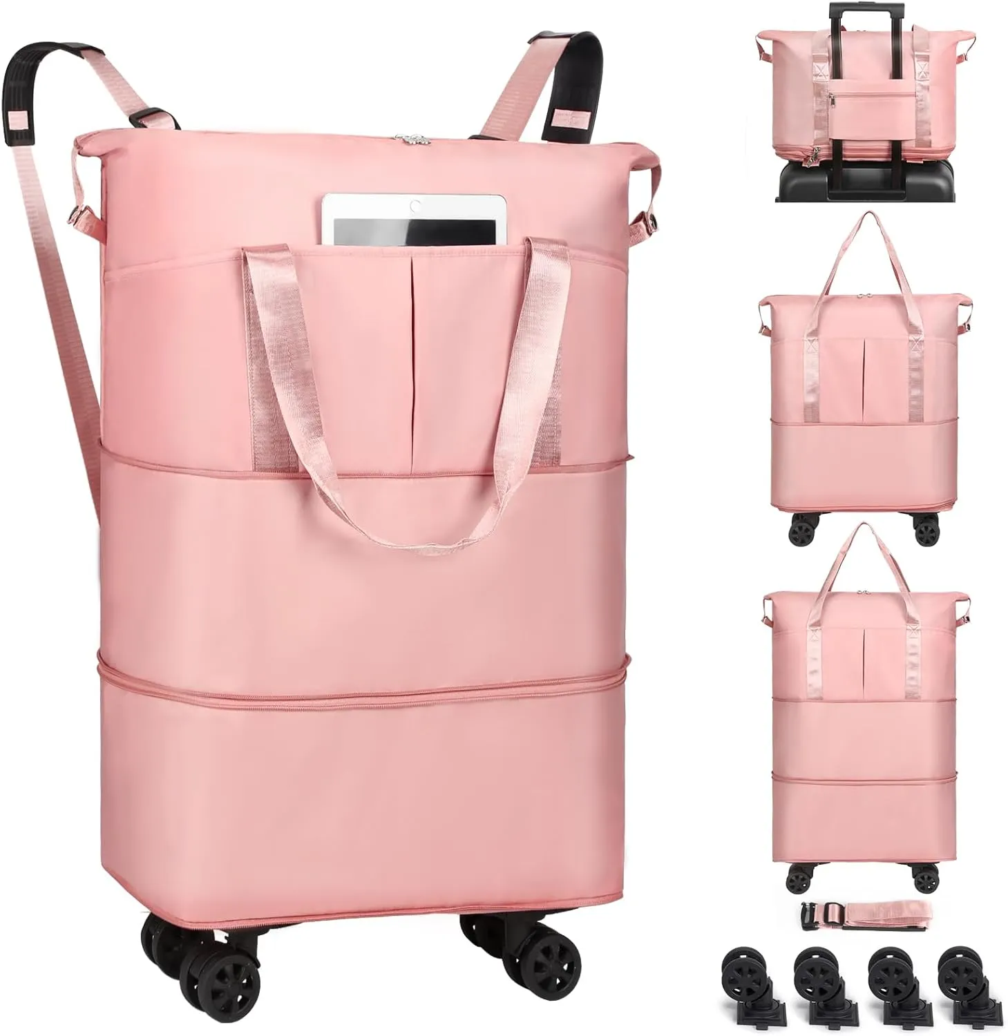 VOOWO Duffel Bag with Wheels - Rolling Foldable Expandable Duffle bags for Travel, Rolling Under Seat Luggage Carry On Travel Bag, Large Wheeled Overnight Weekender Bag (Pink)