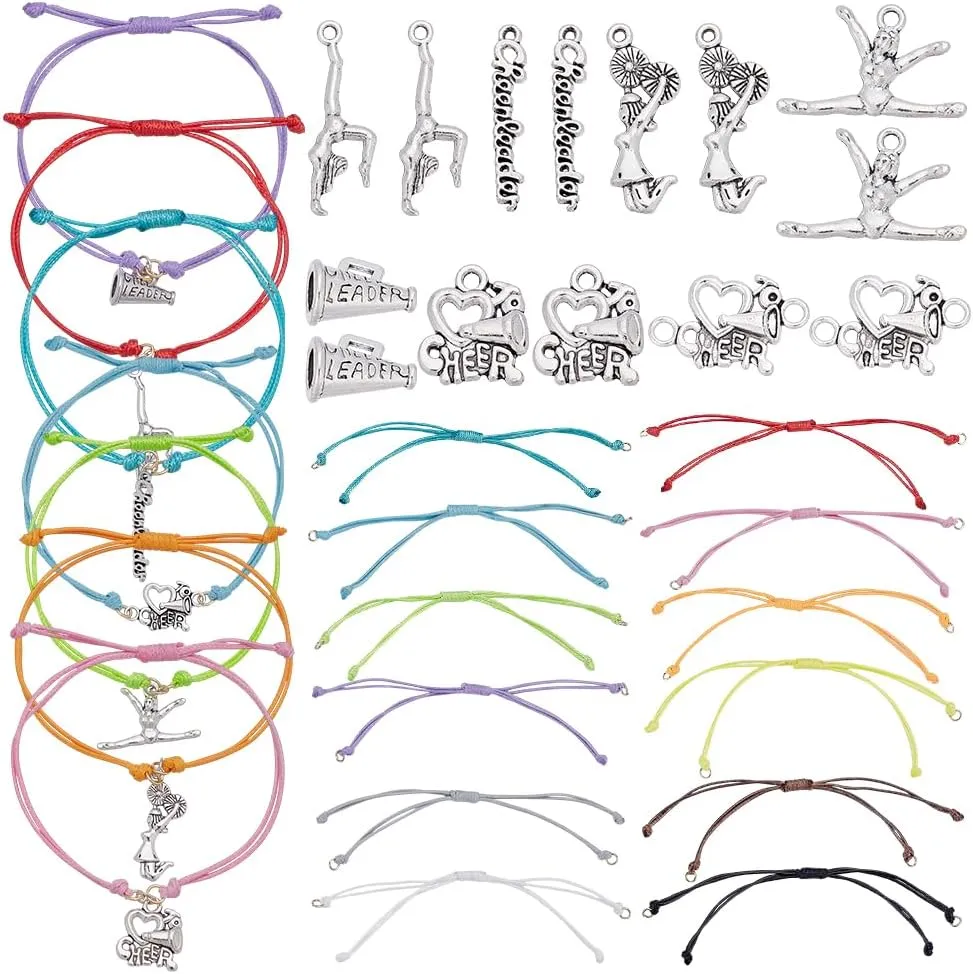 WADORN 24 Sets Cheerleader Gifts Cheer Bracelet Sets, 7 Styles 48Pcs Collection Gymnastics Pendants with 24Pcs Adjustable Handmade Braided Bracelet Stretch Charm Accessory for DIY Sports Cheer Team