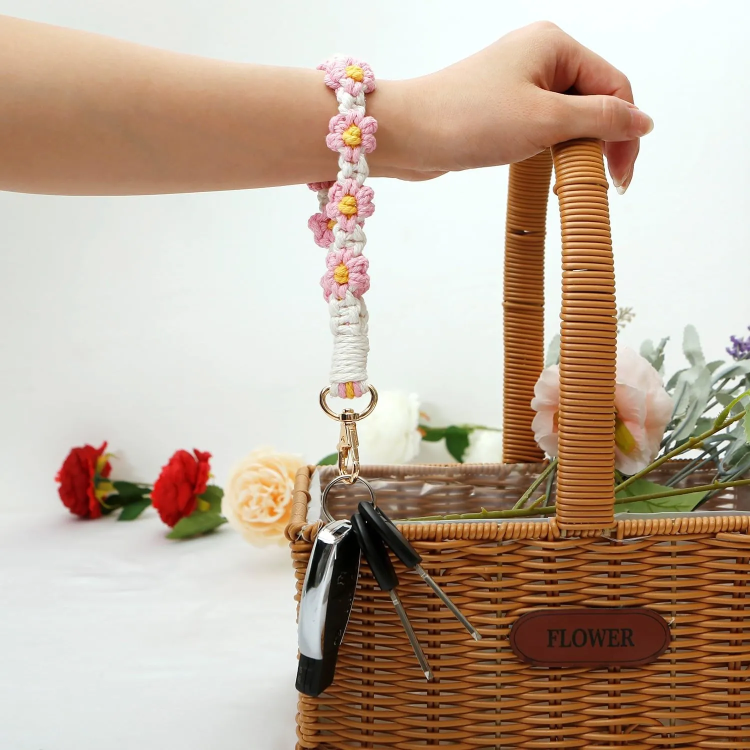 Wallet Keychain Wristlet with Tassel Boho Macrame Wrist Lanyard for Key Cute Flower Keychain for Women