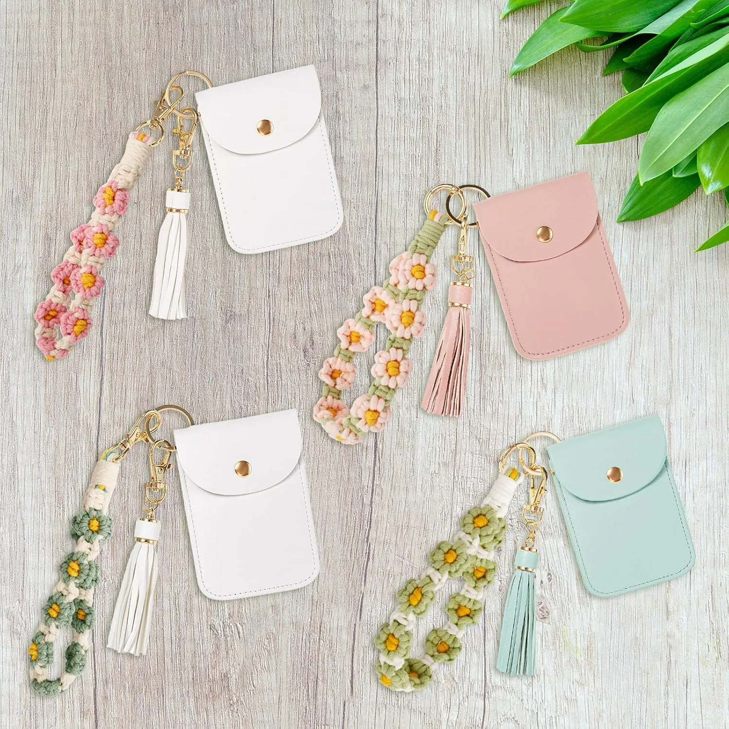 Wallet Keychain Wristlet with Tassel Boho Macrame Wrist Lanyard for Key Cute Flower Keychain for Women