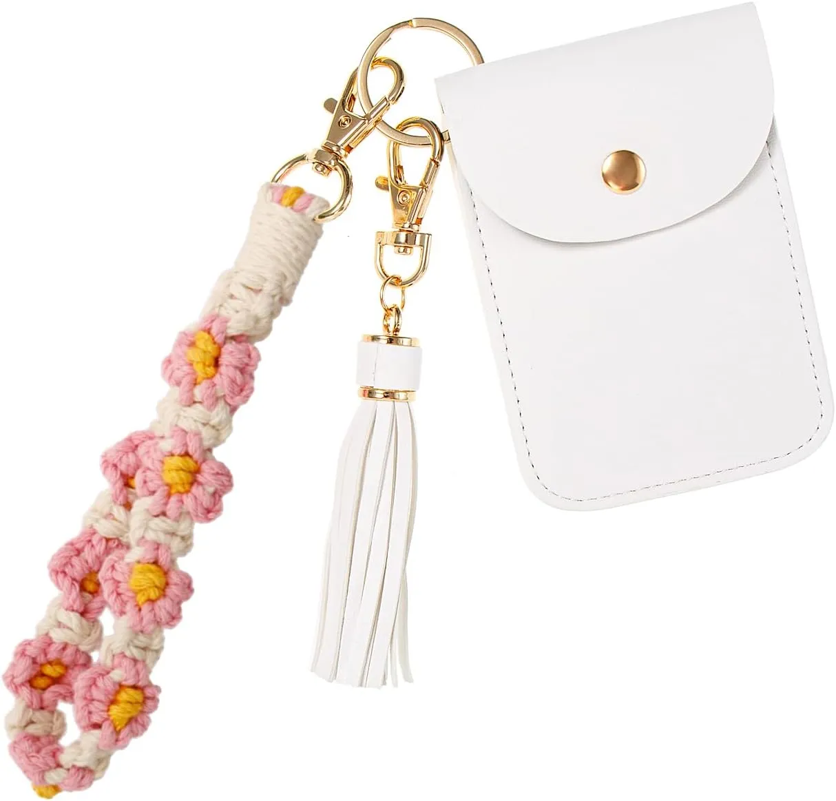 Wallet Keychain Wristlet with Tassel Boho Macrame Wrist Lanyard for Key Cute Flower Keychain for Women