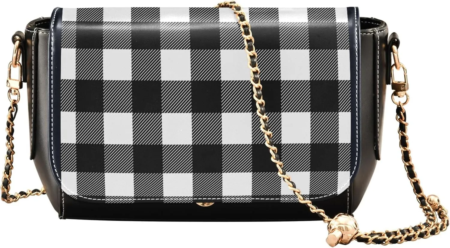Waterproof PU Leather Shoulder Bag, Black And White Plaid Crossbody Bags for Women Phone Satchel with Chain Strap