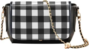 Waterproof PU Leather Shoulder Bag, Black And White Plaid Crossbody Bags for Women Phone Satchel with Chain Strap