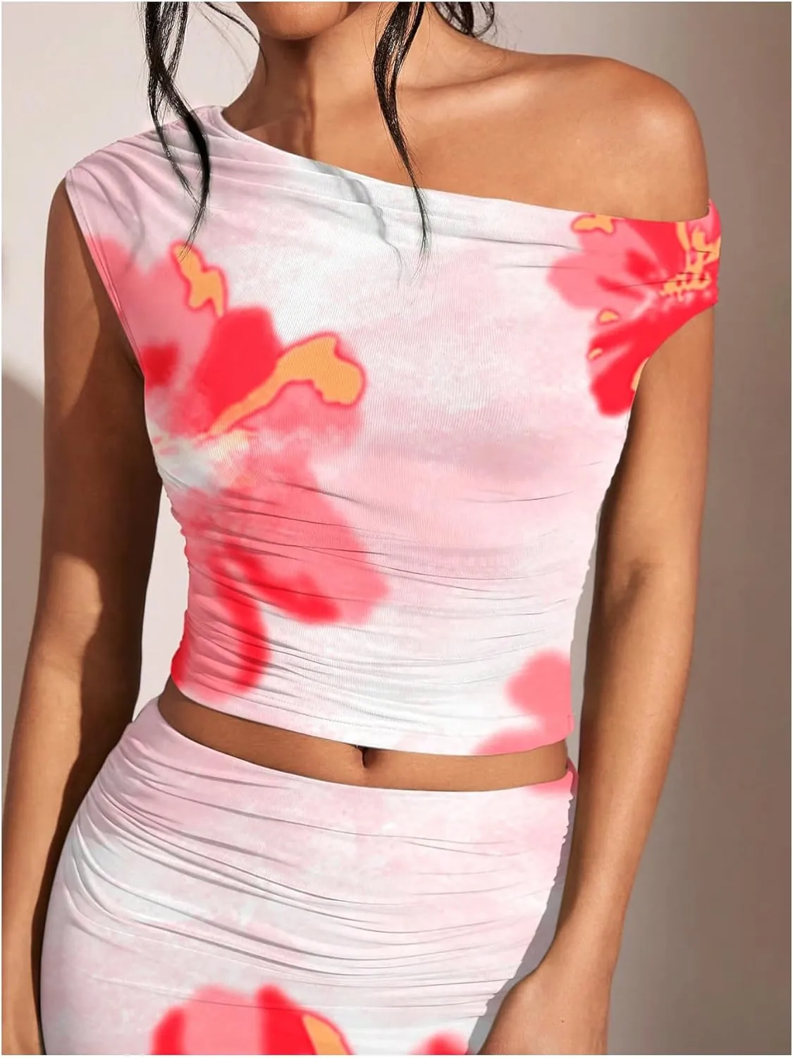 WDIRARA Women's 2 Piece Outfits Floral Print One Shoulder Crop Top Bodycon Ruched Maxi Skirt Set