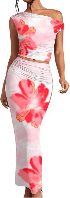 WDIRARA Women's 2 Piece Outfits Floral Print One Shoulder Crop Top Bodycon Ruched Maxi Skirt Set