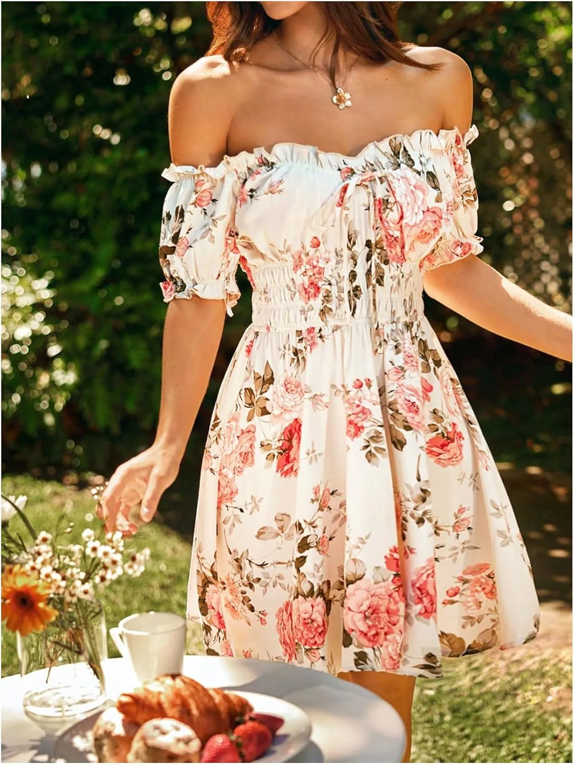 WDIRARA Women's Floral Print Off Shoulder Tie Front Short Sleeve Ruffle Smocked A Line Mini Dress